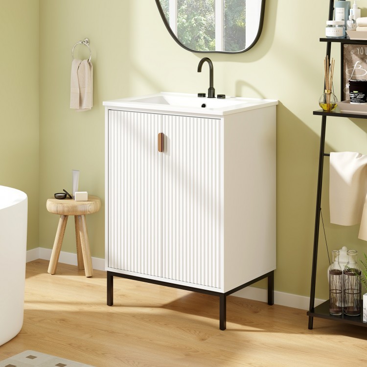 24-inch white bathroom vanity with sink, double door cabinet, adjustable shelf, and sturdy metal legs for stability.