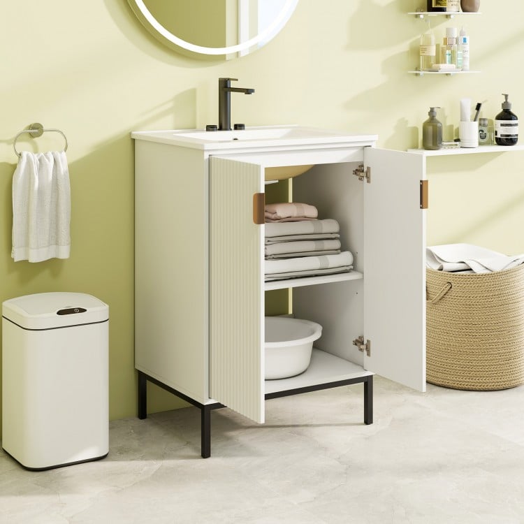 24-inch white bathroom vanity with sink, double door cabinet, adjustable shelf, and sturdy metal legs for stylish.