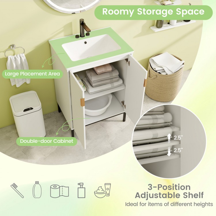 24-inch white bathroom vanity with sink combo, featuring a double-door cabinet and adjustable shelf for customized.