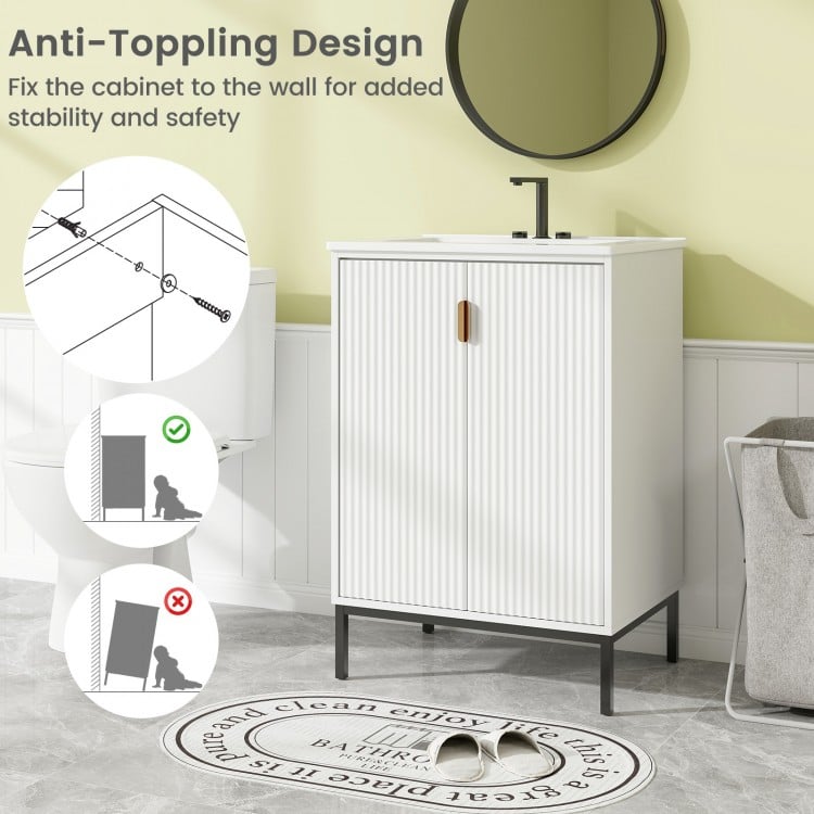 24-inch white bathroom vanity with sink combo, featuring double doors, adjustable shelf, and sturdy metal legs for.