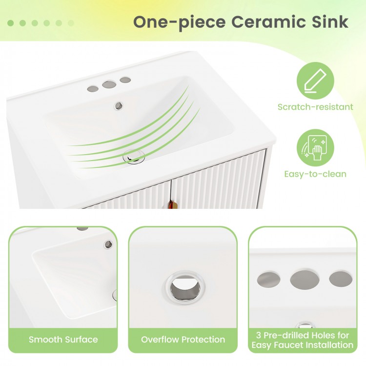 Ceramic sink with smooth surface and overflow protection, featuring pre-drilled holes for easy faucet installation.