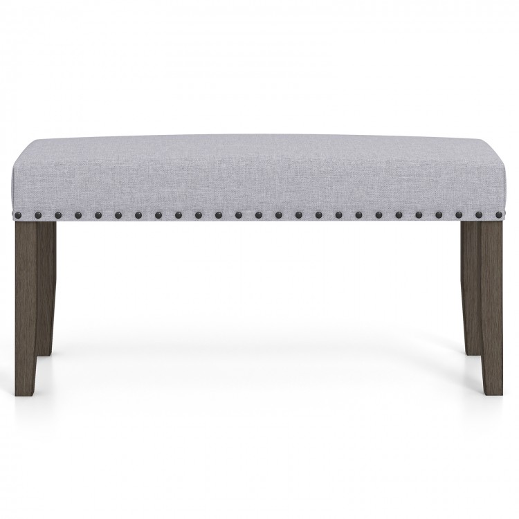 Gray upholstered entryway bench with nailhead trim, 42.5" long, sturdy rubber wood legs, ideal for seating and shoe.