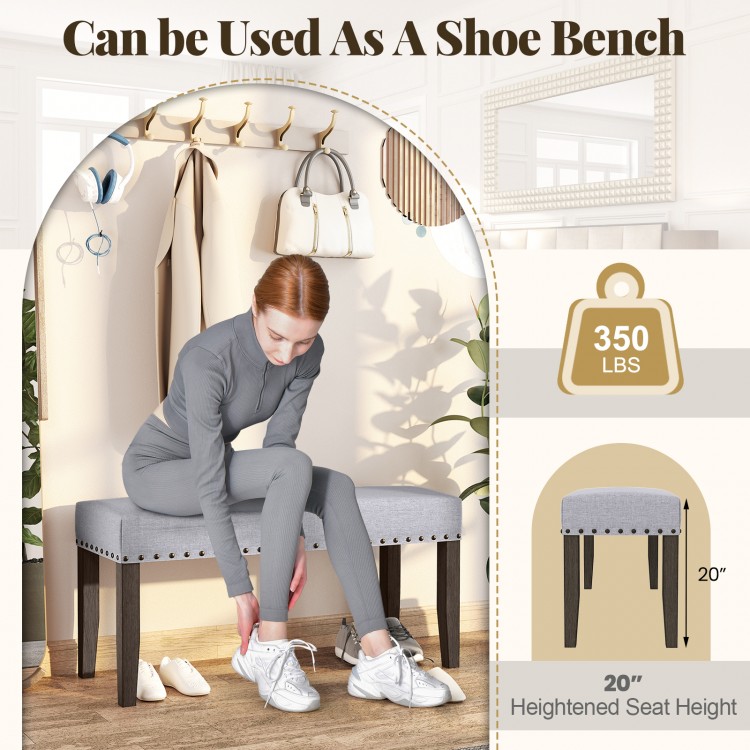 Upholstered gray entryway bench with nailhead trim, 42.5" long, supports 330 lbs, ideal for shoe storage and seating.
