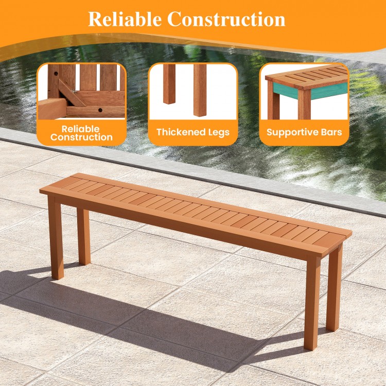 Backless wooden bench with teak oil finish, 59 inches long, designed for outdoor patios and versatile indoor use.