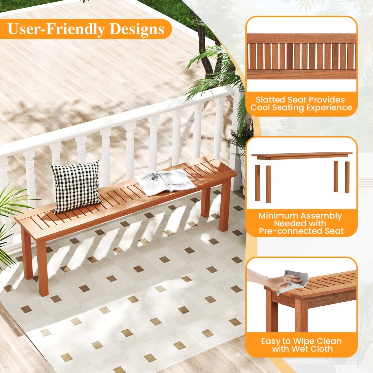 Outdoor wooden bench with teak oil finish, slatted seat for ventilation, perfect for backyard or patio gatherings.