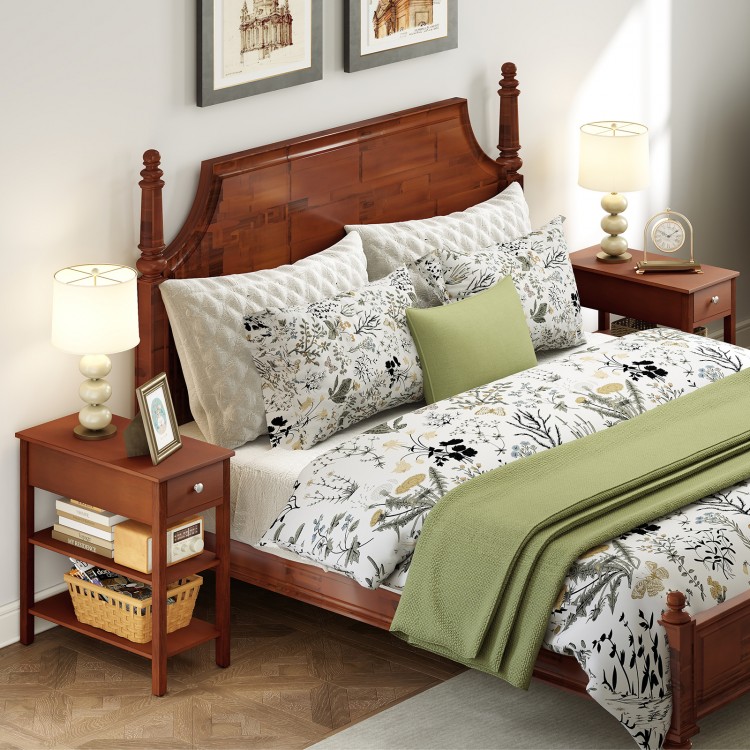 Narrow end table set of 2 in brown with pull-out drawer and storage shelves, ideal for small spaces in living rooms or.