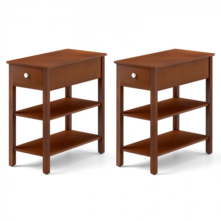 Narrow 3-tier end table set of 2 in brown with drawer and storage shelves, ideal for small spaces in living rooms or.