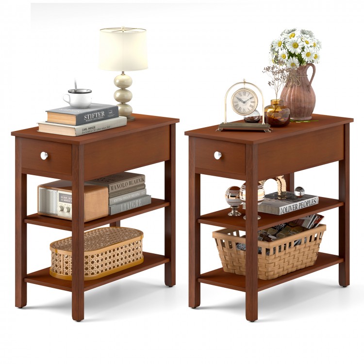 Narrow brown end tables with a drawer and storage shelves, perfect for small spaces in living rooms or offices.
