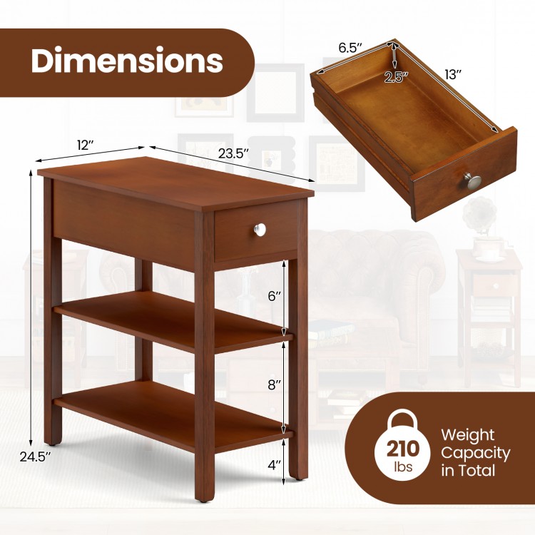 3-tier narrow end table in brown with a drawer and shelves, perfect for small spaces in living rooms or offices.