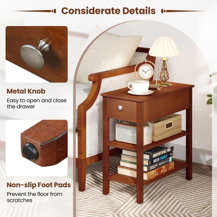 Narrow brown end table set of 2 with drawer, storage shelves, and non-slip foot pads for small spaces.