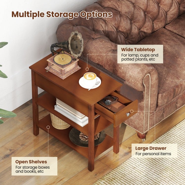 Narrow end table set of 2 in brown with a pull-out drawer and open shelves, ideal for small spaces in living rooms.