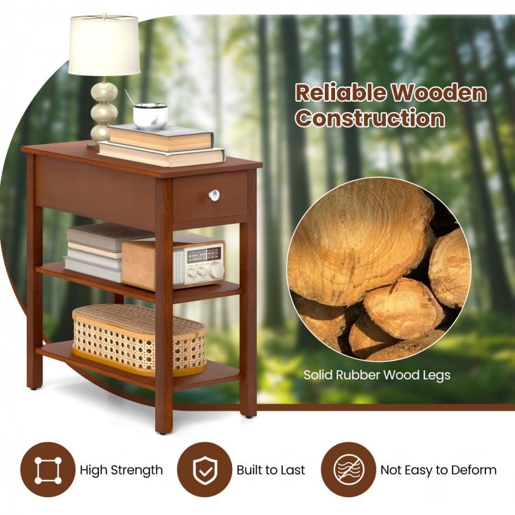 3-tier narrow end table set of 2 in brown with solid rubber wood legs, featuring a pull-out drawer for hidden storage.