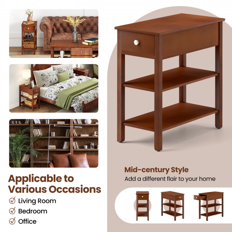 3-tier narrow end table set of 2 in brown with drawer and shelves, perfect for small spaces in living rooms or offices.