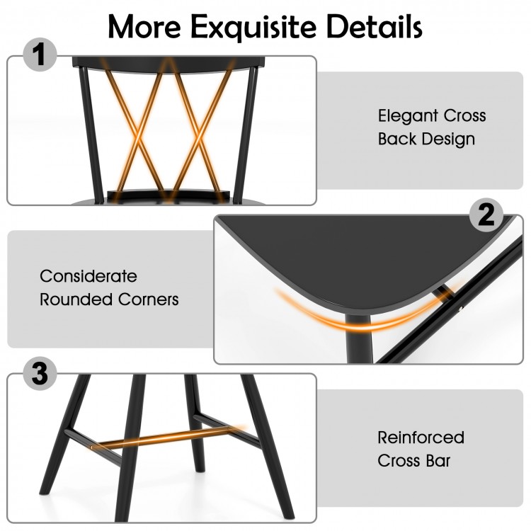 Elegant cross back design of the black rubber wood dining chair, featuring rounded corners and reinforced crossbar for.