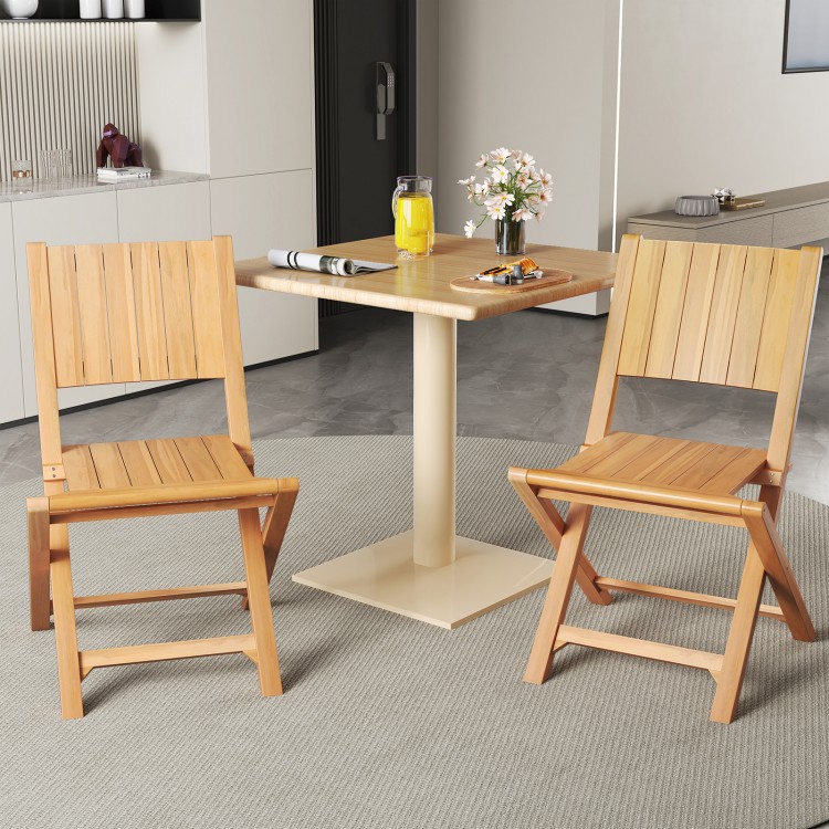 Two teak wood outdoor dining chairs with slatted design, perfect for patio or garden use, showcasing ergonomic comfort.