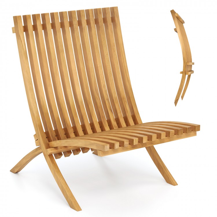 Teak wood folding lounge chair with slatted seat and backrest, ideal for outdoor patios and compact storage.