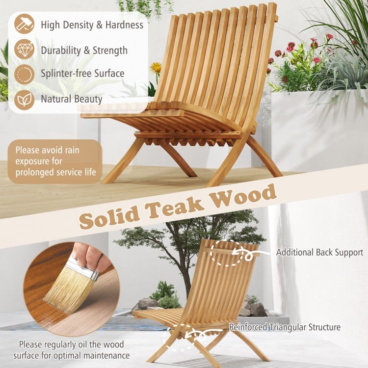Folding teak wood outdoor lounge chair with slatted seat, ergonomic design, perfect for patio or garden relaxation.