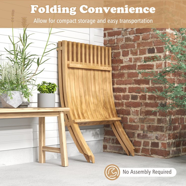 Folding teak wood outdoor lounge chair with slatted seat, perfect for compact storage and easy transportation.