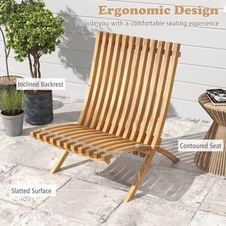Folding teak wood outdoor lounge chair with slatted seat and inclined backrest, perfect for patio relaxation.