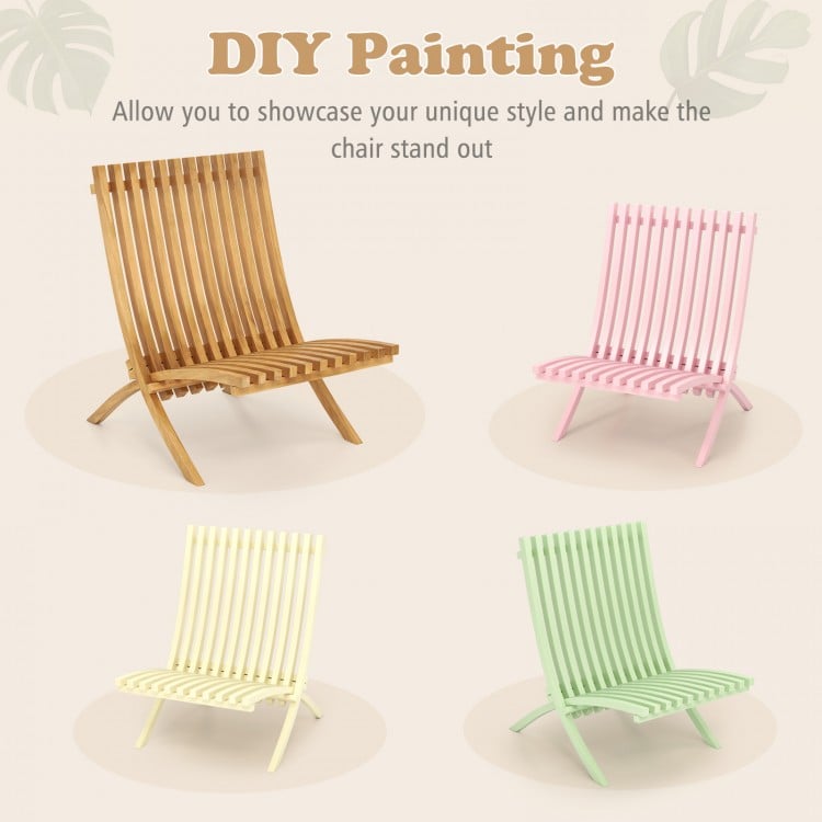 Folding teak wood outdoor lounge chair with slatted seat, perfect for patio relaxation and DIY painting.