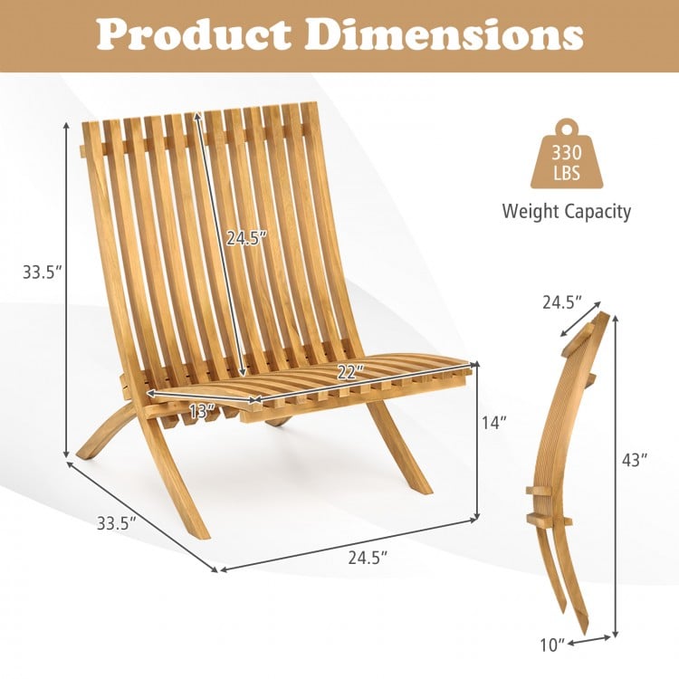 Folding teak wood lounge chair dimensions with slatted seat and backrest, supports 330 lbs, ideal for outdoor use.