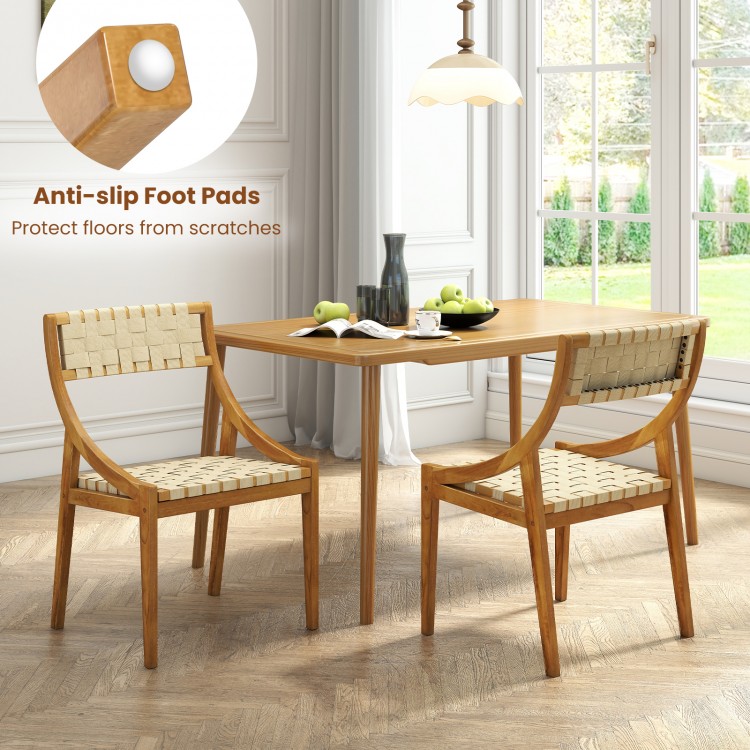 Natural outdoor dining chair with webbing seat, solid teak wood, and anti-slip foot pads for indoor and outdoor use.