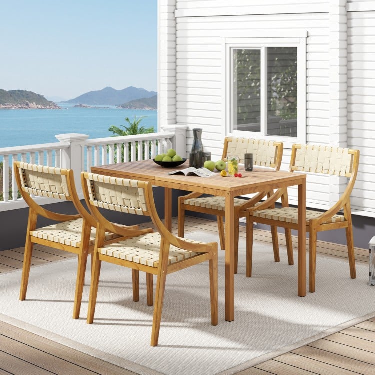 Outdoor dining chair with webbing seat in natural teak, perfect for stylish indoor or outdoor dining spaces.