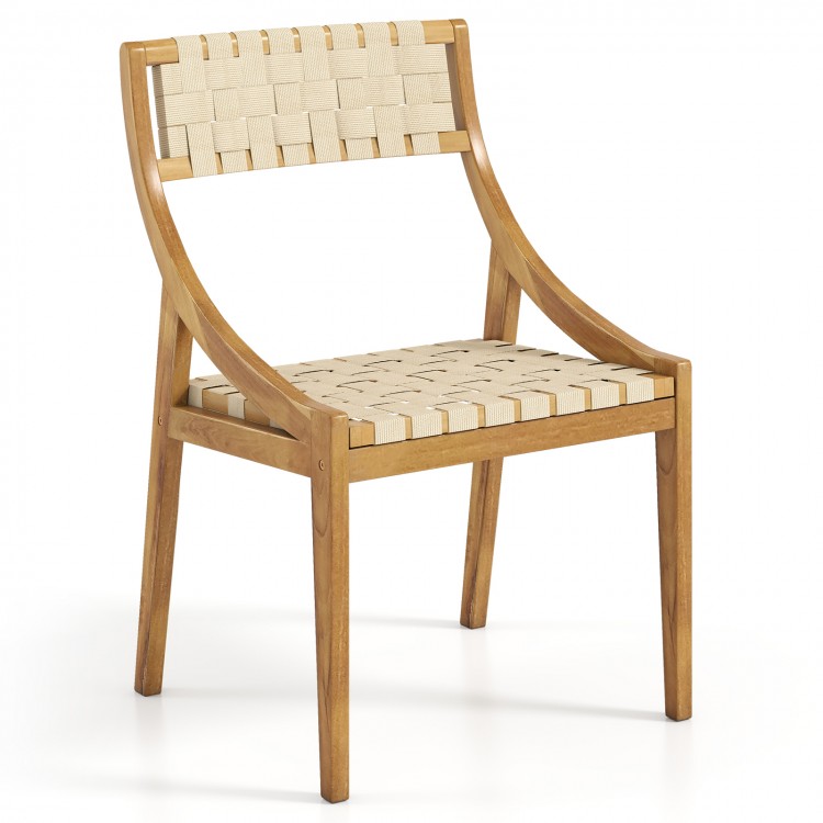 Outdoor dining chair with a natural teak wood frame, webbing seat, and backrest, designed for comfort and durability.