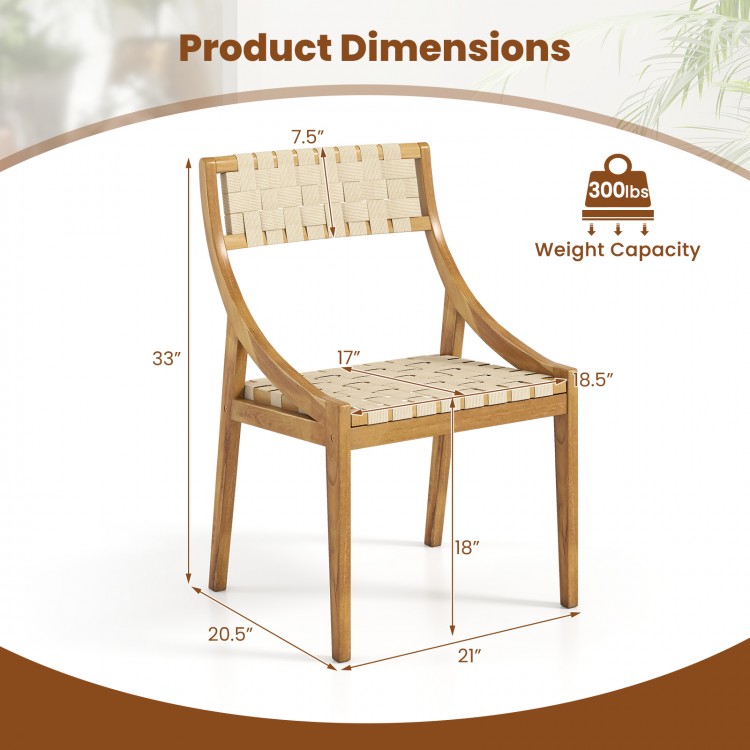 Outdoor dining chair with webbing seat, solid teak wood structure, ergonomic design, 300 lbs capacity, ideal for indoor.