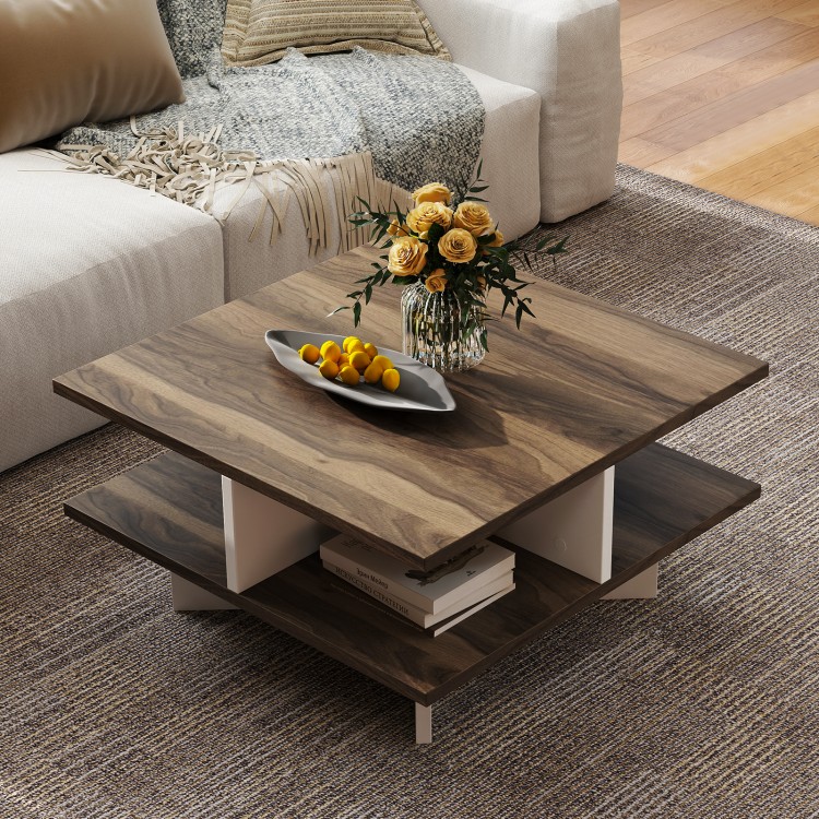 Square walnut coffee table featuring 2 tiers and 4 storage compartments, perfect for organizing living room essentials.
