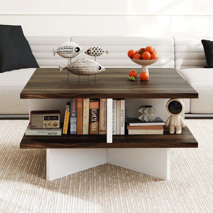 Walnut 2-tier square coffee table showcasing rustic wood grain and cross-shaped base, ideal for stylish living room.