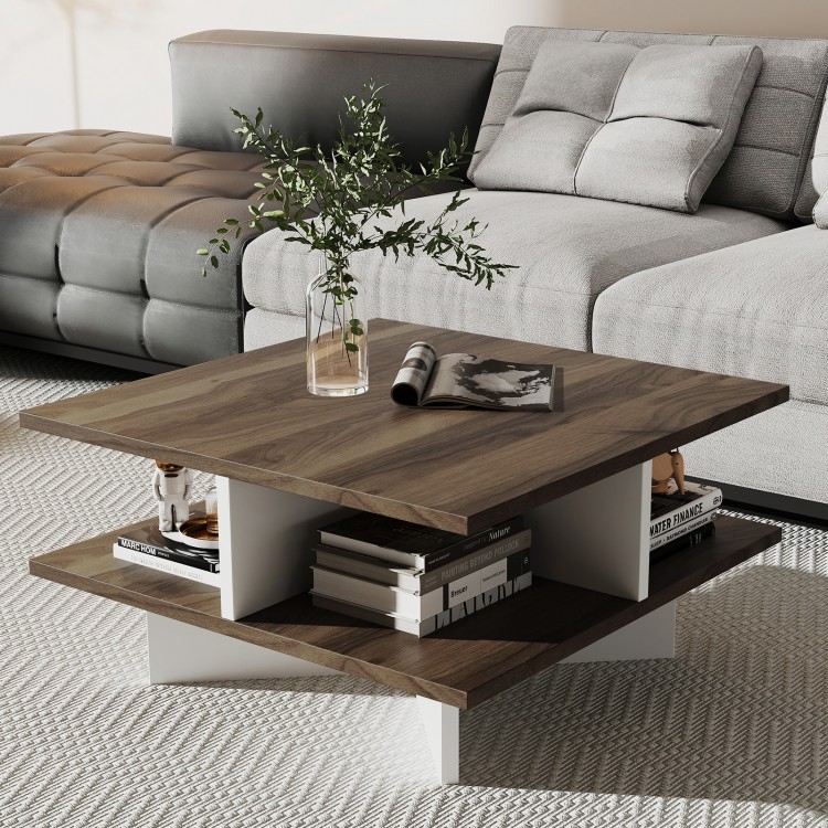 Square coffee table with walnut finish, featuring 2 tiers and 4 storage compartments for organized living spaces.