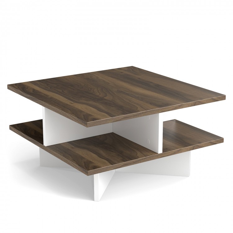 2-tier square coffee table in walnut with 4 storage compartments, perfect for organizing living room essentials.
