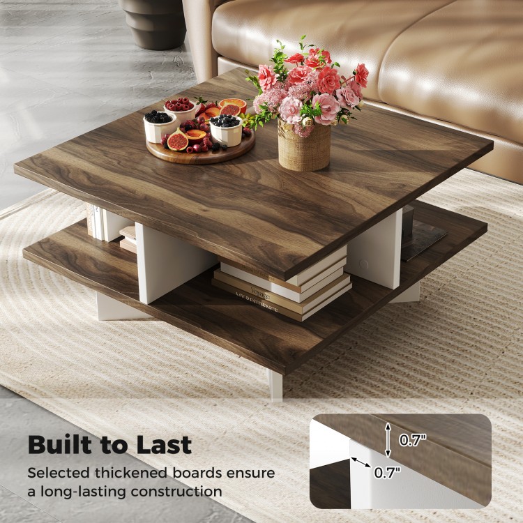 Square 2-tier coffee table in walnut with 4 storage compartments, perfect for organizing living room essentials.