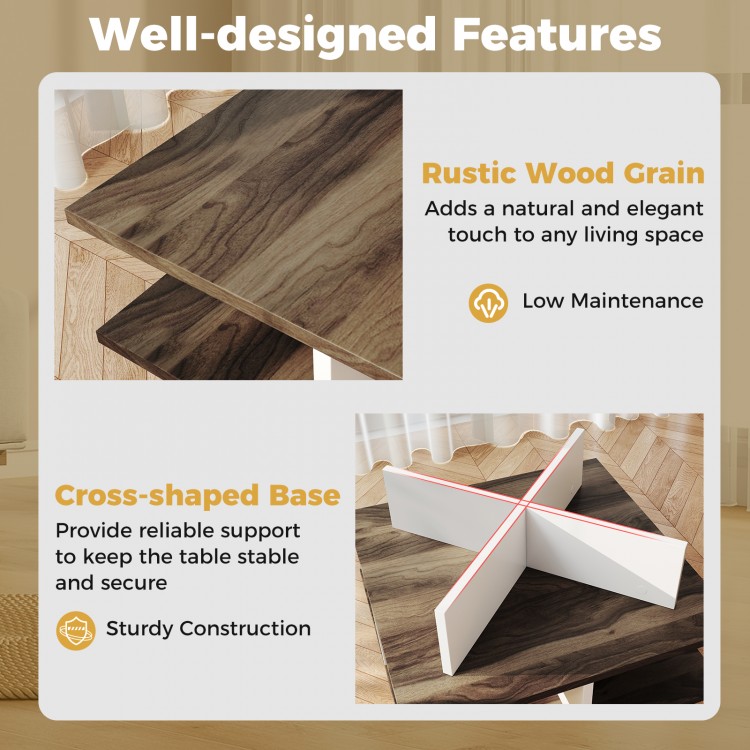 2-tier square coffee table with rustic wood grain, cross-shaped base, and 4 storage compartments for organized living.