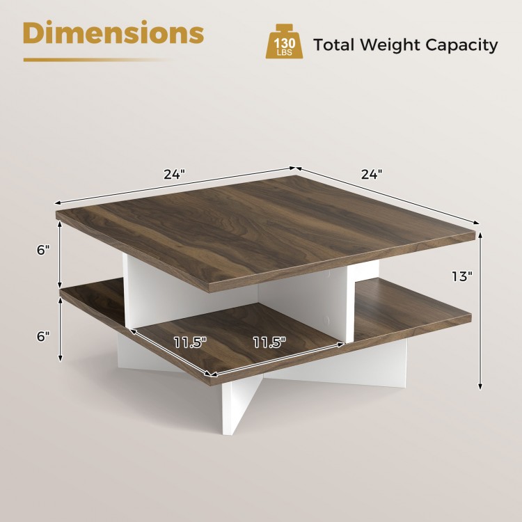 2-tier square coffee table in walnut with cross-shaped base, featuring 4 storage compartments for organized living.