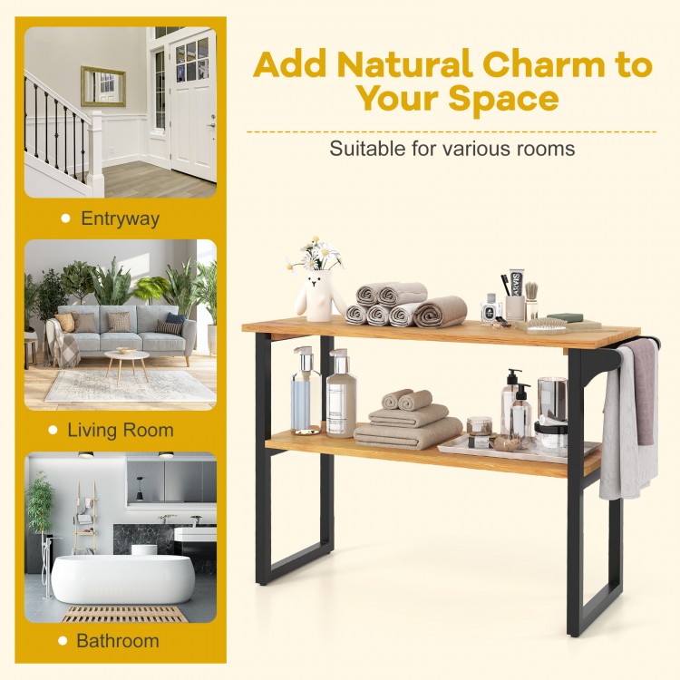 2-tier solid teak wood bathroom shelf with towel rack, featuring natural wood grain, suitable for various rooms.