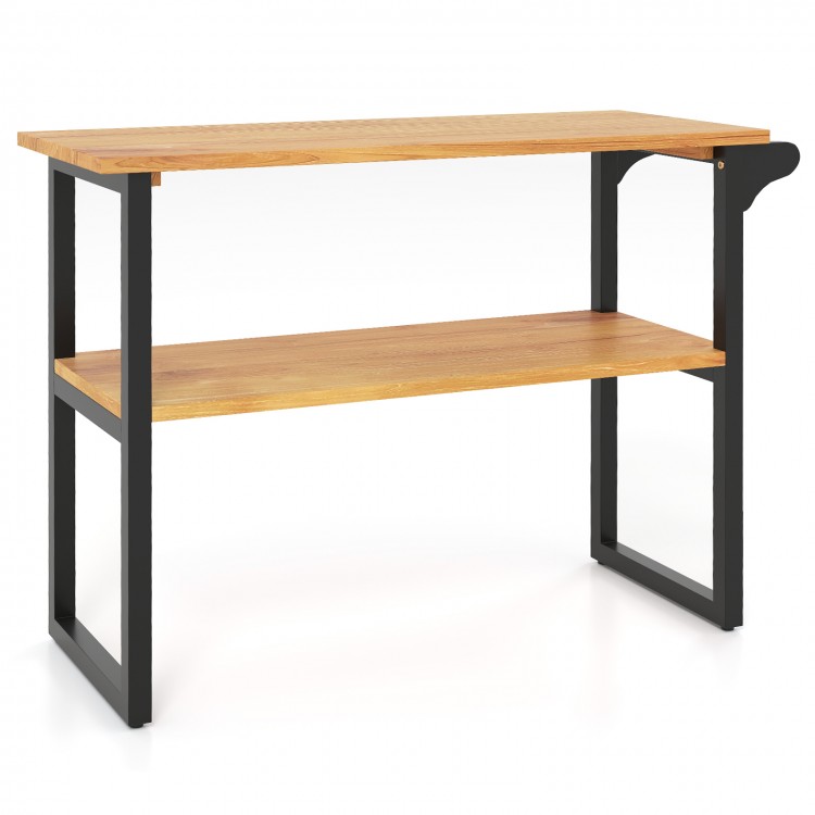 2-tier solid teak wood bathroom shelf with towel rack, featuring natural wood grain and a sleek design for versatile.