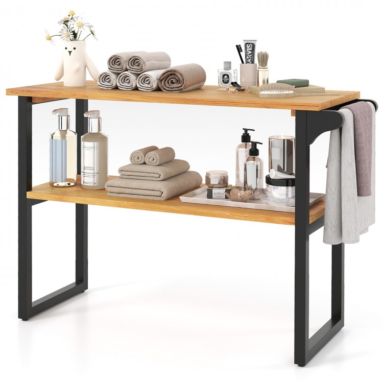 2-tier solid teak wood bathroom shelf with a side towel holder, showcasing natural wood grain and ample storage space.