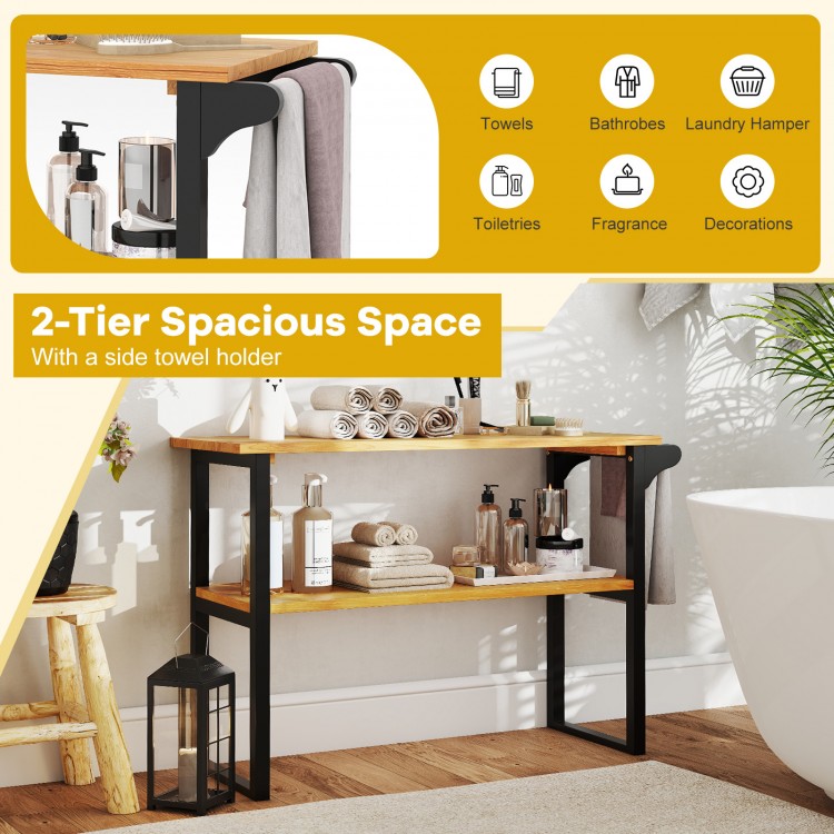 2-tier solid teak wood bathroom shelf with side towel holder, featuring a natural wood grain design for stylish storage.