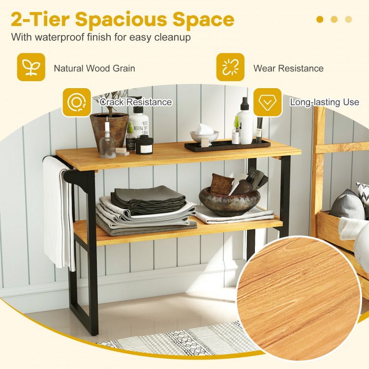 2-tier solid teak wood bathroom shelf with towel rack, featuring natural wood grain and waterproof finish for easy.