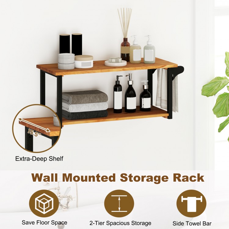 Teak wood wall-mounted storage rack with two extra-deep shelves and side towel bar, ideal for bathrooms and living.