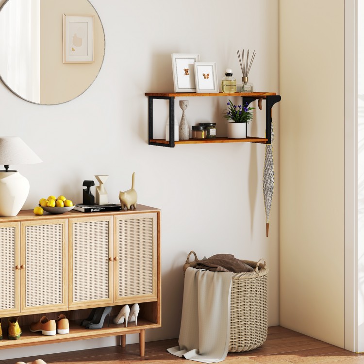 Teak wood wall-mounted floating shelves with towel bar, featuring two deep tiers for storage and display in a stylish.