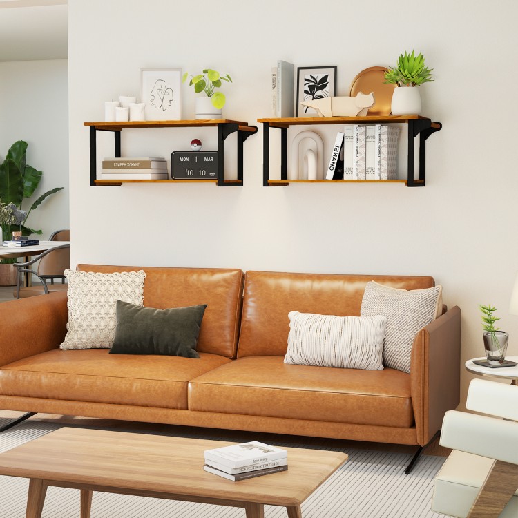 Teak wood wall-mounted floating shelves with towel bar, featuring two deep tiers for storage and display in a living.