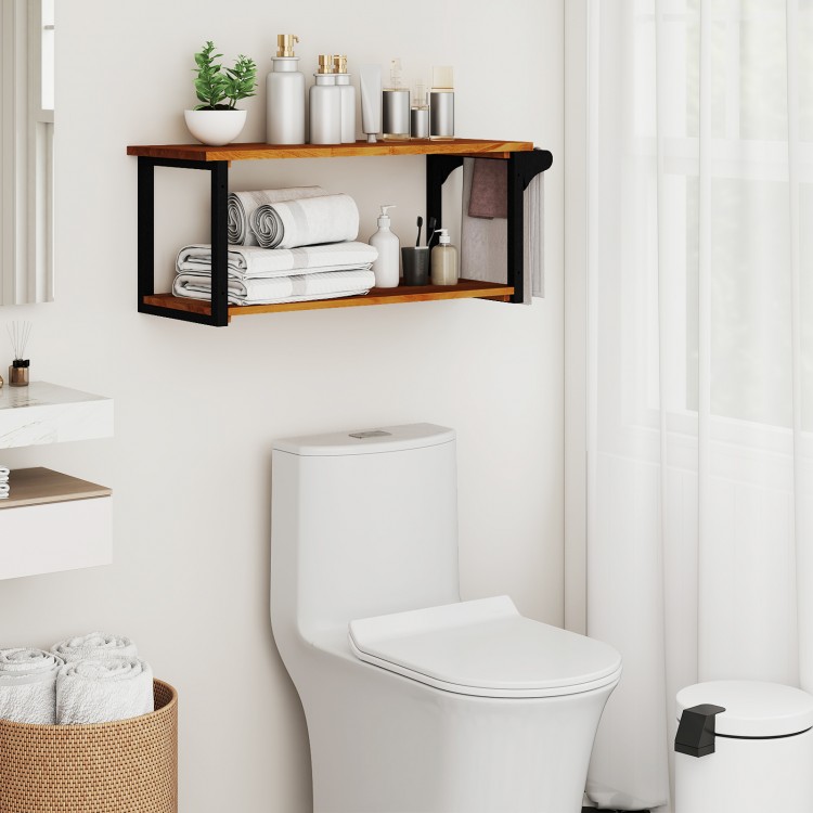 Teak wood wall-mounted floating shelf with towel bar, featuring two tiers for storage and display in a bathroom setting.