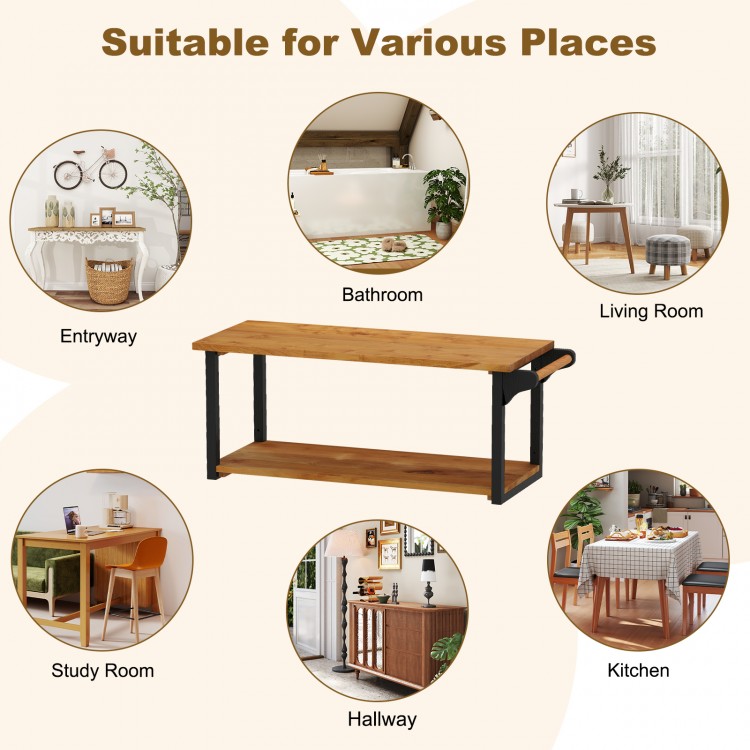 Teak wood wall-mounted floating shelf with towel bar, featuring two deep tiers for storage, ideal for bathrooms or.