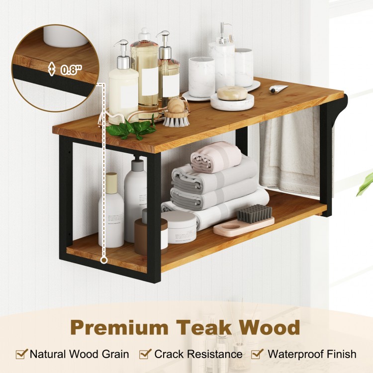 Teak wood wall-mounted floating shelf with towel bar, featuring natural wood grain and waterproof finish for versatile.