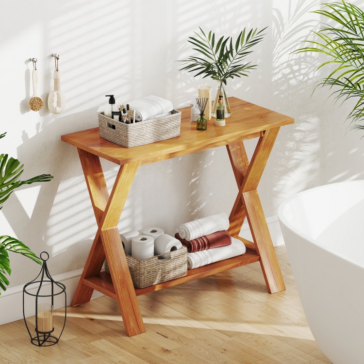35-inch solid teak wood console table with storage shelf, featuring a long tabletop and stylish design for bathroom use.