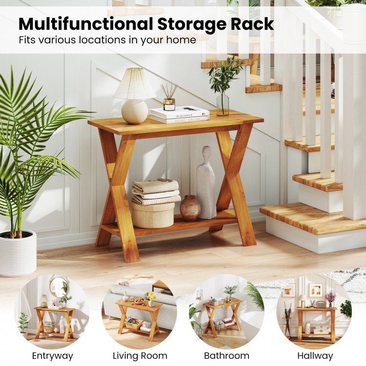 35-inch solid teak wood console table with storage shelf, showcasing its elegant design in a stylish entryway setup.