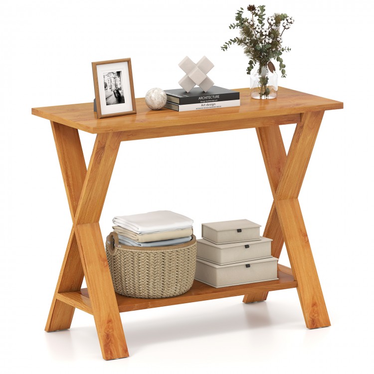 35-inch solid teak wood console table with storage shelf, featuring a long tabletop and open design for versatile use.